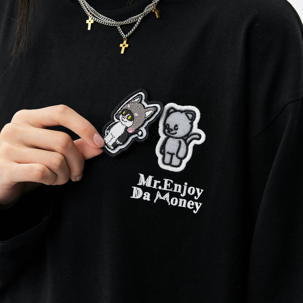 MEDM hat wearing cat Velcro casual long sleeved T-shirt made of pure cotton, loose and versatile, men's and women's round neck top for autumn