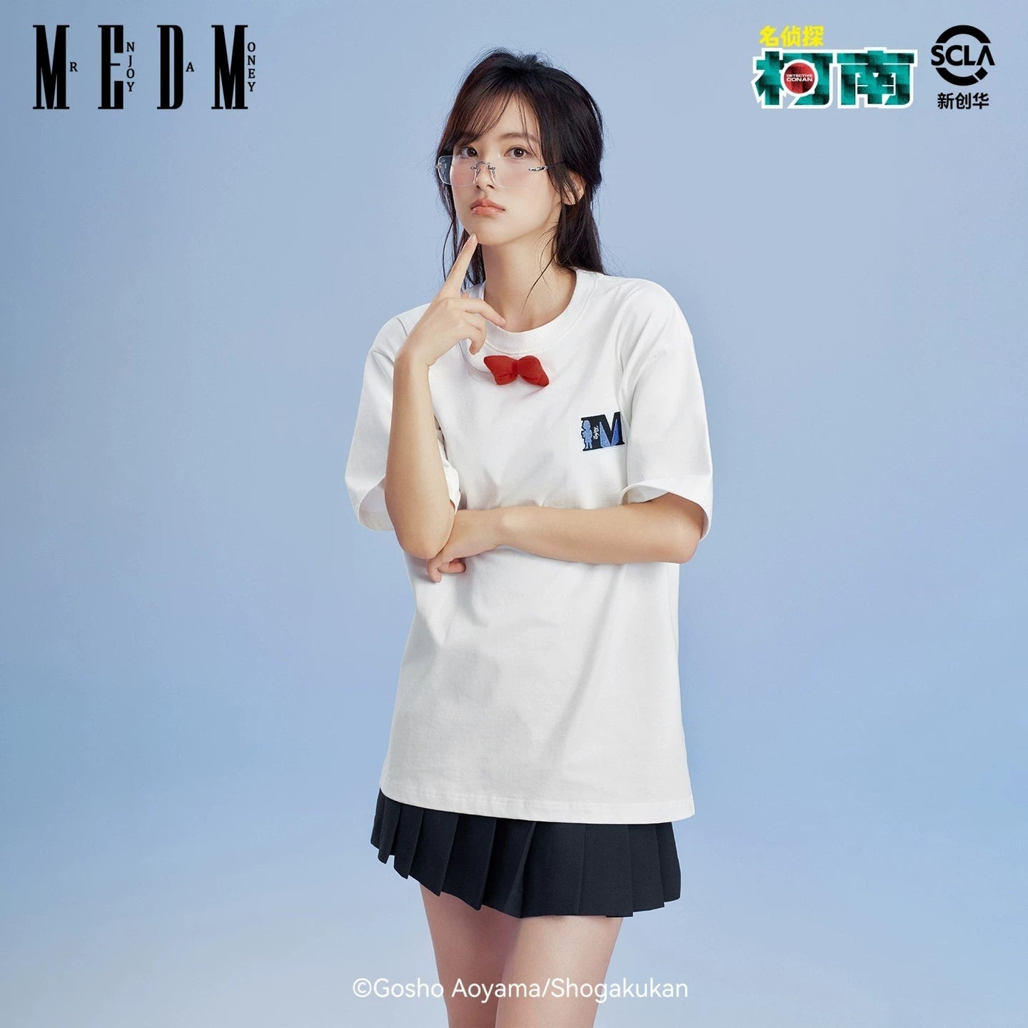 MEDMx Detective Conan collaboration bow embroidery logo casual short sleeved anime printed couple T-shirt summer
