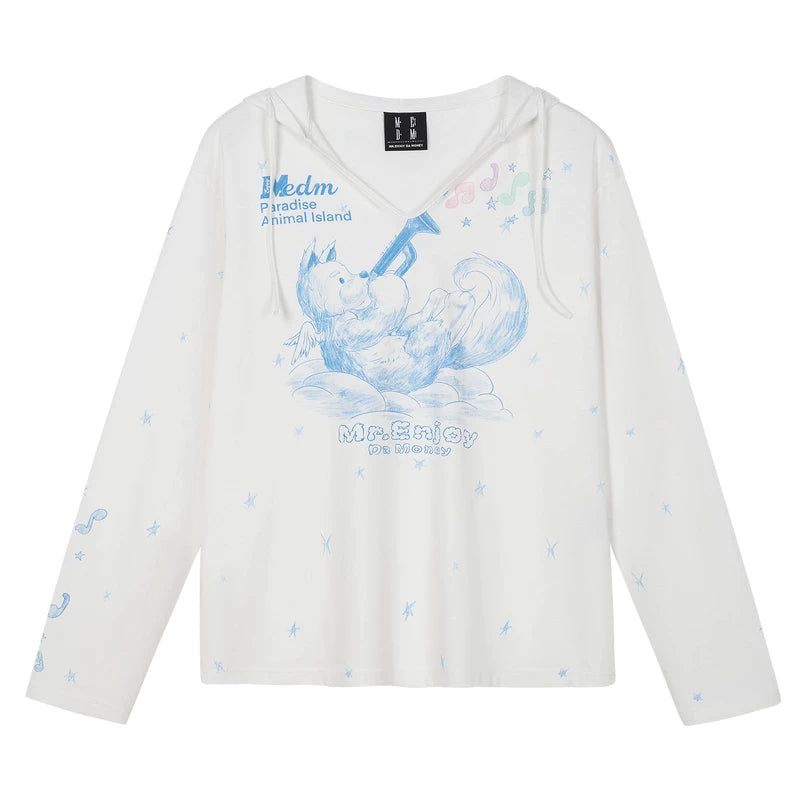 MEDM playing instrument angel dog pattern printed lightweight casual hooded T-shirt cute style top for women
