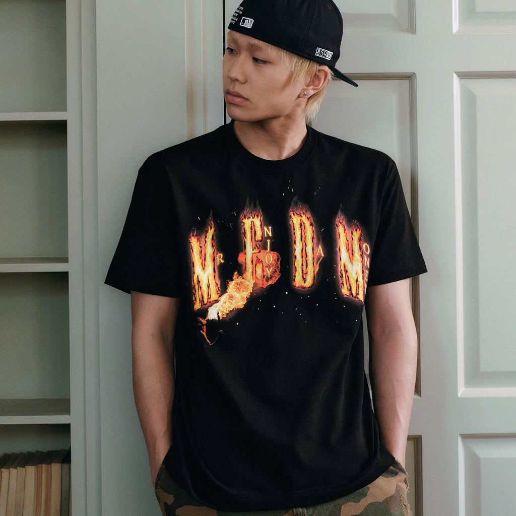 MEDM flame shaped letter logo print casual round neck short sleeved American street unisex loose T-shirt