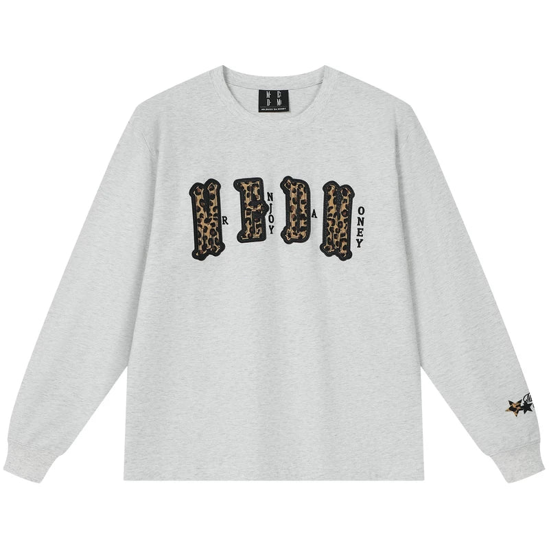 MEDM double-layer leather leopard print patch embroidered casual round neck long sleeved T-shirt trendy and versatile couple loose top