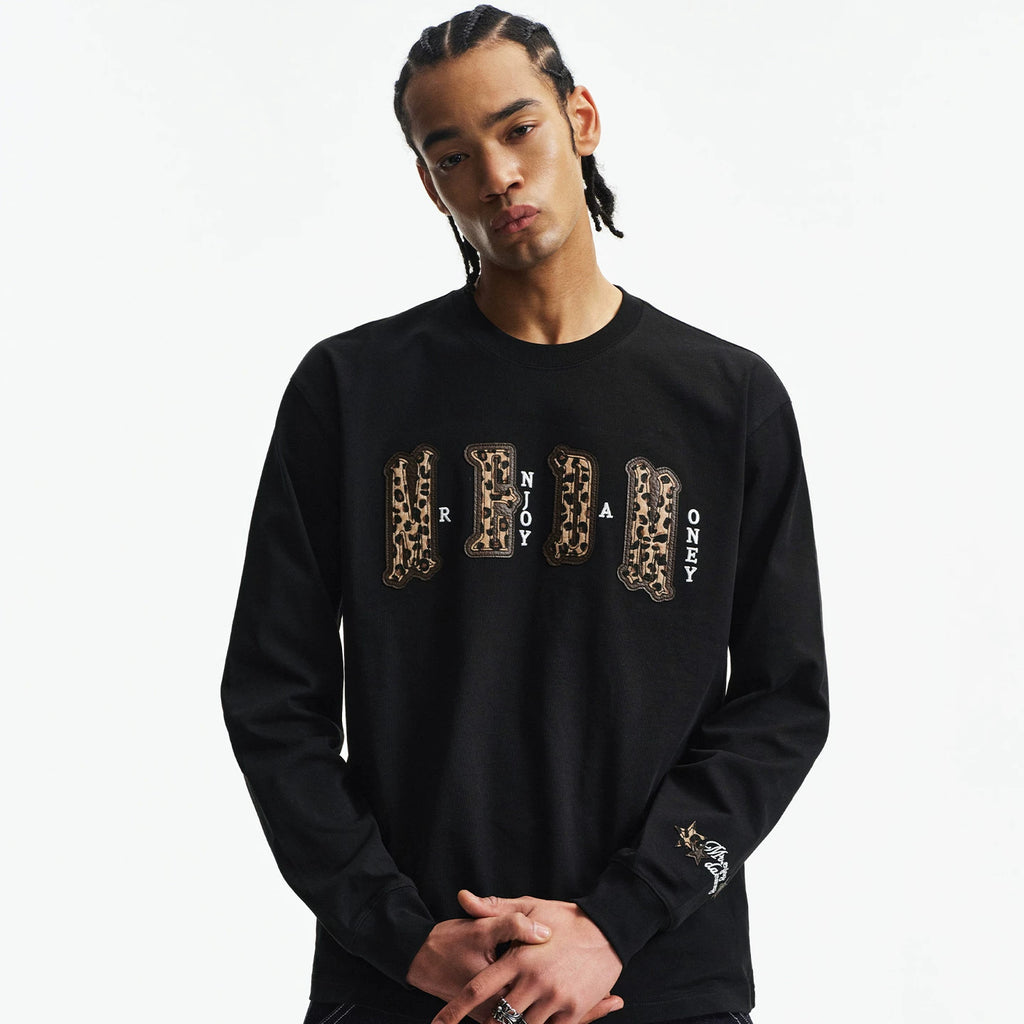 MEDM double-layer leather leopard print patch embroidered casual round neck long sleeved T-shirt trendy and versatile couple loose top
