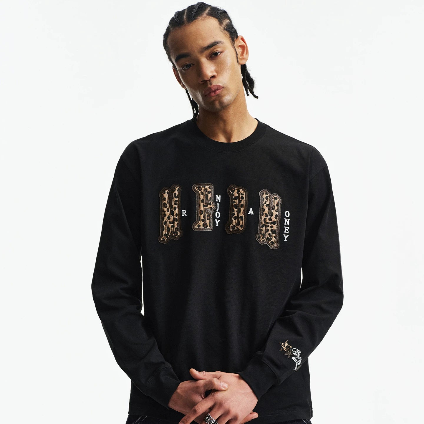 MEDM double-layer leather leopard print patch embroidered casual round neck long sleeved T-shirt trendy and versatile couple loose top