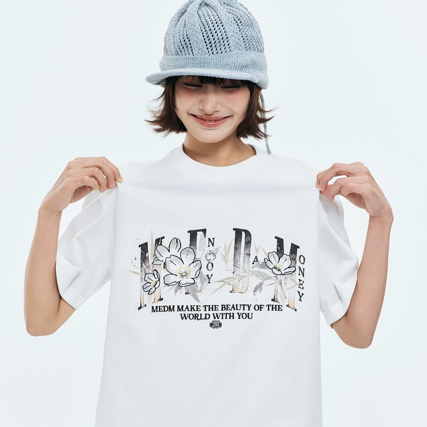 MEDM Ink Flower Embroidery Letter Printing Casual Round Neck T-shirt Chinese Style Commuter Loose Round Neck Couple Short Sleeve