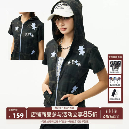 MEDM camouflage star sticker casual short sleeved hoodie cute style zipper slim fit cardigan hooded T-shirt for women