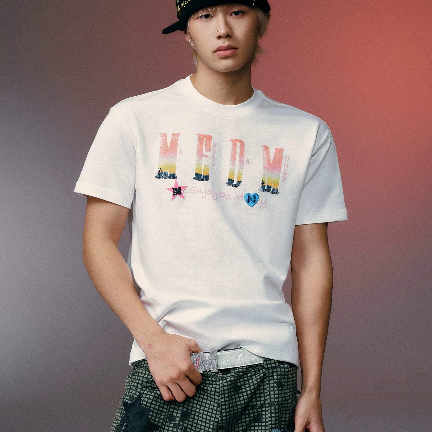 MEDMxNEWMASUS collaboration landscape selfie photo print casual couple short sleeved loose round neck T-shirt trendy