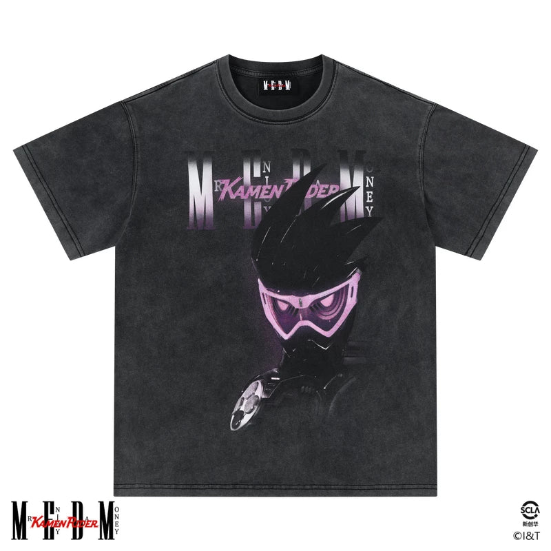 MEDMx Kamen Rider Collaboration - Half body Printed Cotton Washed Outdated Casual Short Sleeve Men's Round Neck T-shirt