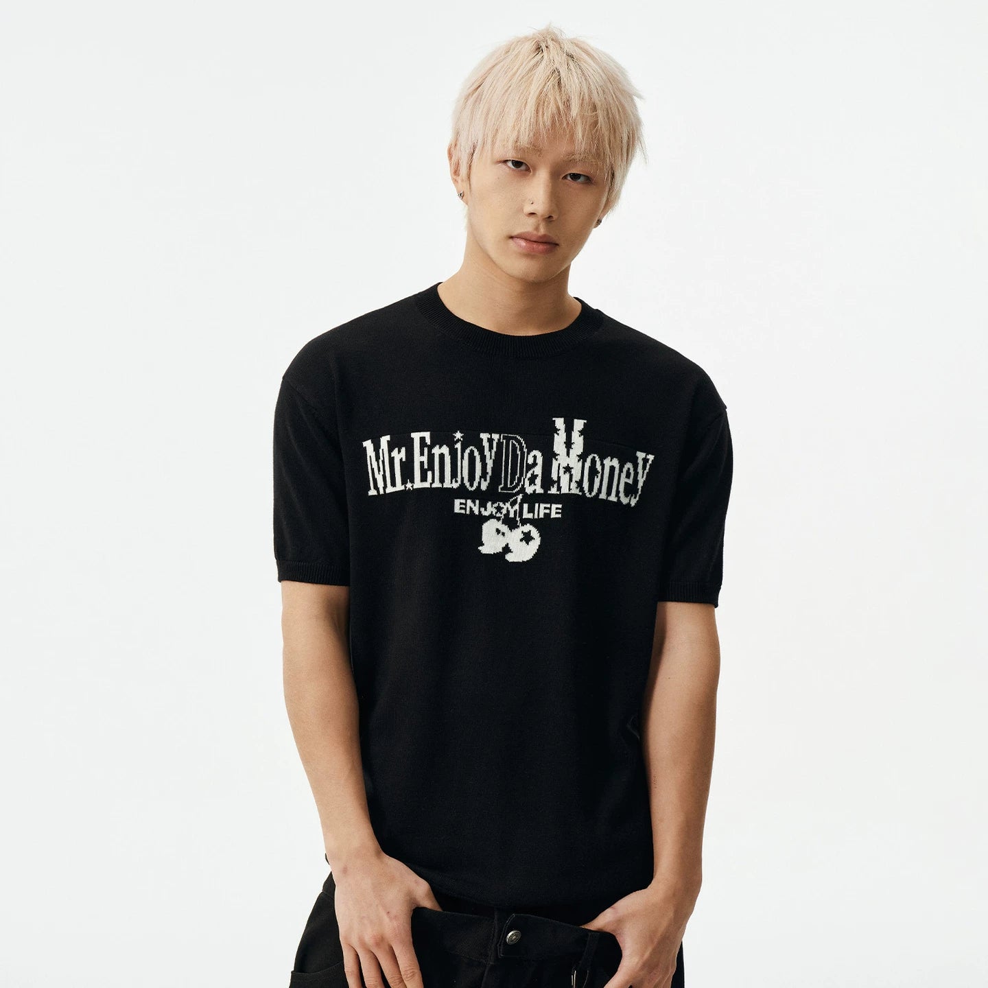 MEDM contrasting logo small cherry knit casual round neck short sleeved trendy versatile lazy men's and women's loose T-shirt summer