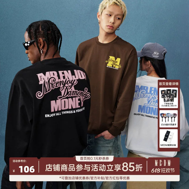 MEDM25SS basic m-floral letter printed long sleeved T-shirt for men and women, trendy brand loose casual round neck top