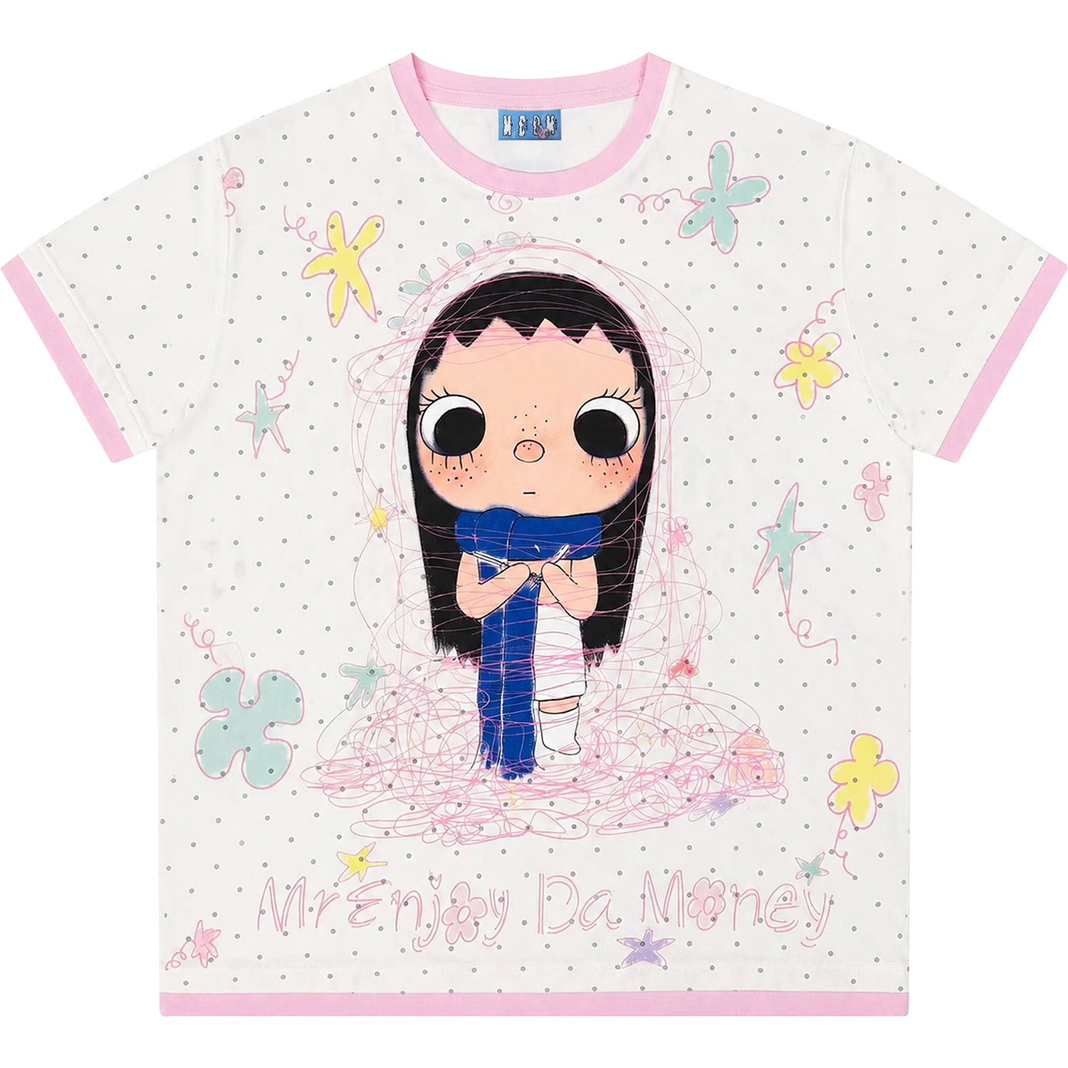 MEDM × YUY Jade Collaboration - Knitted cuffs, collar, contrasting color splicing, casual round neck short sleeved cute style T-shirt for women