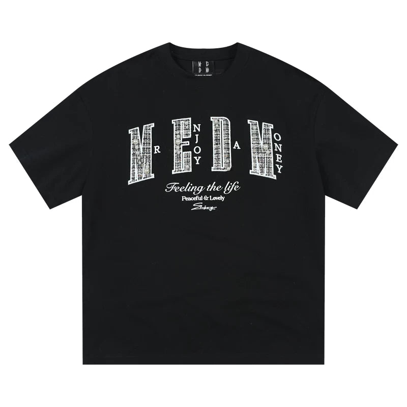Shen Yue's same MEDM26SS small fragrance filled pearl letter short sleeved T-shirt for men's summer American style T-shirt