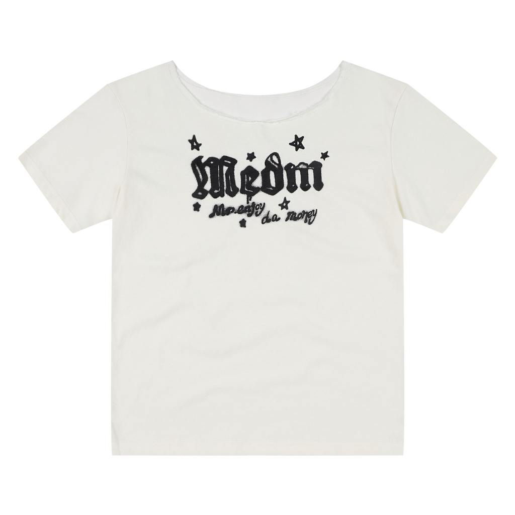 MEDM Graffiti Style Loose Edition Slant Shoulder Skin friendly T-shirt Street Lazy Style Versatile Breathable slimming casual short sleeved women
