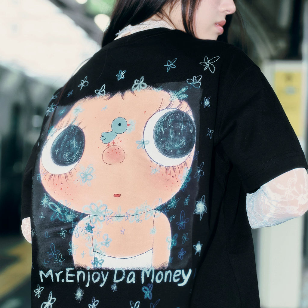 MEDM × YUY Jade Collaboration - Blue Flower Embroidered Logo Back Large Print Casual Short Sleeve Round Neck T-shirt