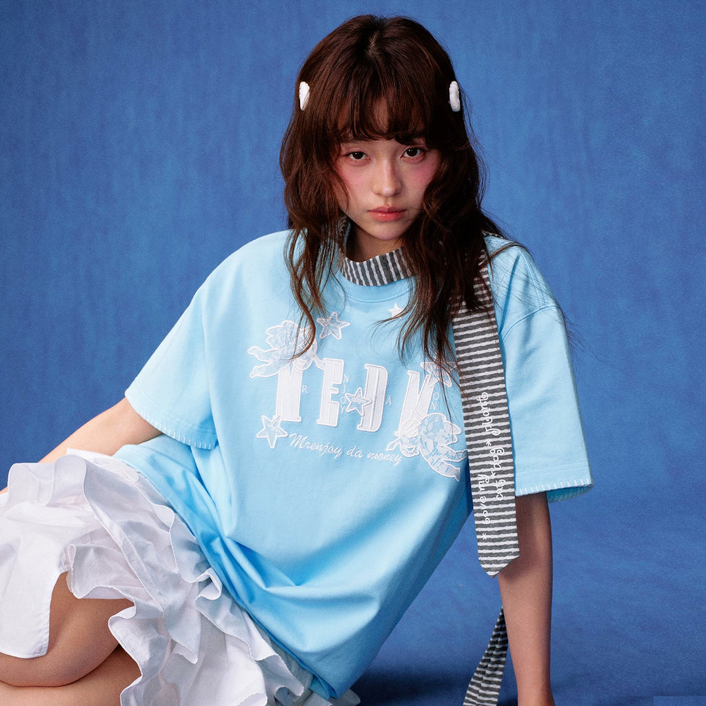 MEDM lace little angel logo embroidered patch casual round neck short sleeved trendy versatile loose couple T-shirt summer
