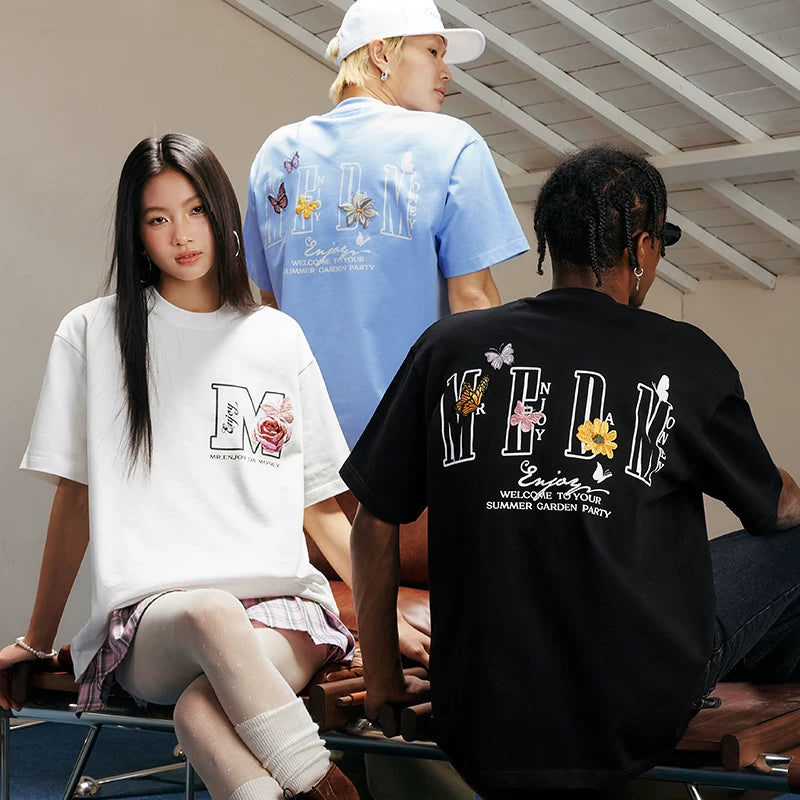 MEDM26SS Butterfly Garden Pure Cotton Short Sleeve T-shirt Women's American Top Men's Summer Loose Casual Half Sleeve Tee