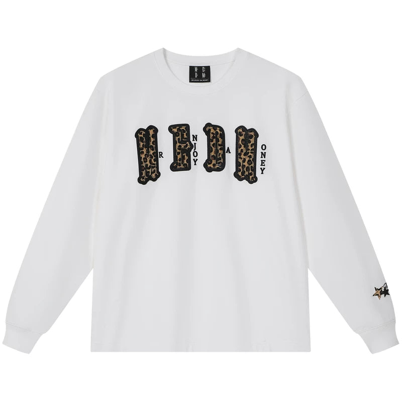 MEDM double-layer leather leopard print patch embroidered casual round neck long sleeved T-shirt trendy and versatile couple loose top