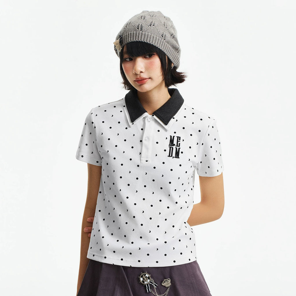 MEDM fake two piece polka dot embroidery loose collar short sleeved summer new retro college style casual T-shirt for women