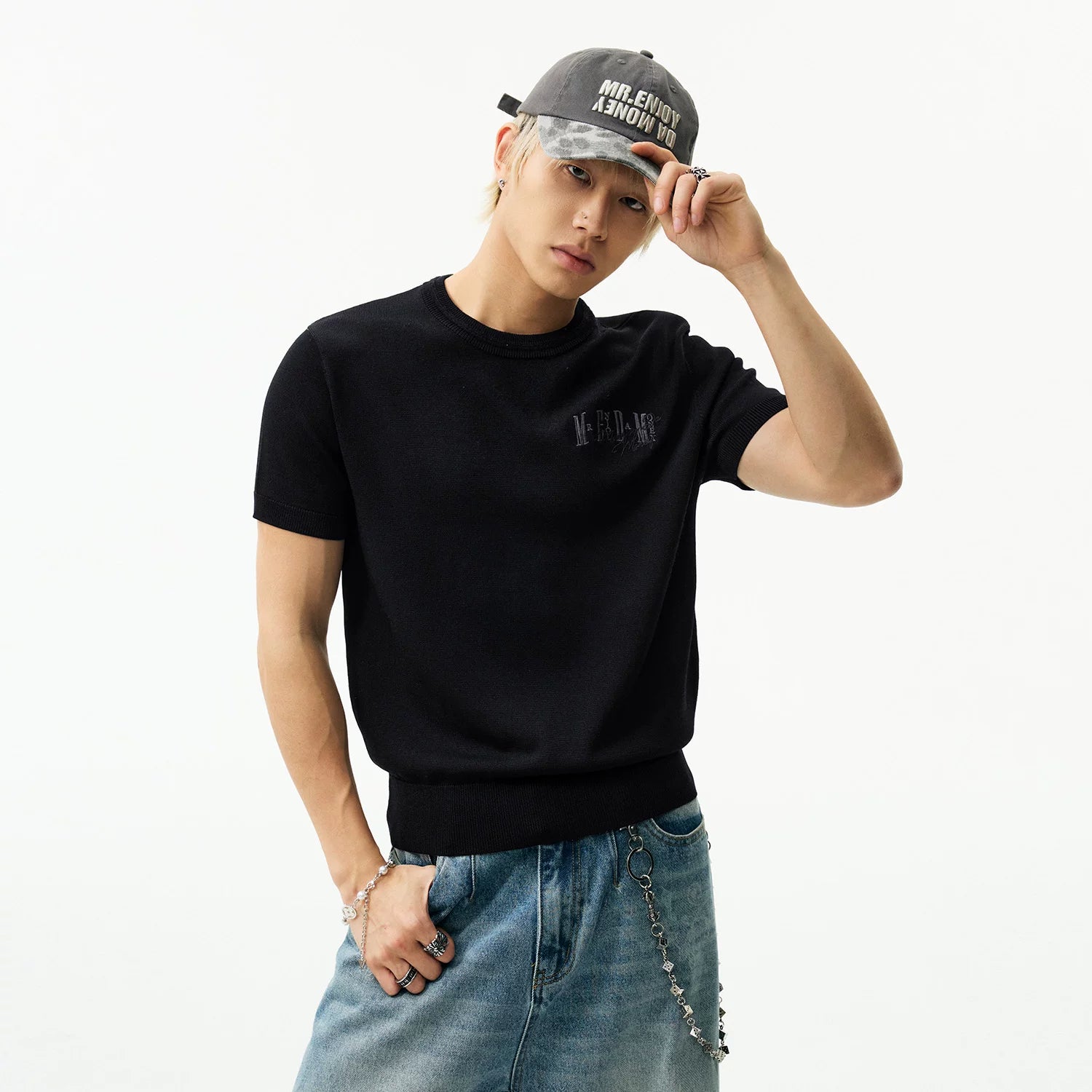 MEDM same color knitted slimming casual round neck T-shirt trendy and versatile solid color simple embroidery logo couple short sleeved shirt