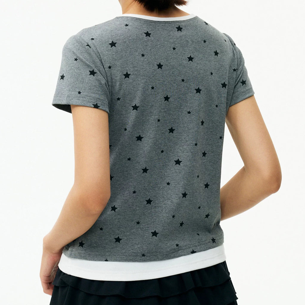 MEDM Color Star Wave Dot Fake Two piece T-shirt Women's Style Letter Printed Girl Feel Casual Round Neck Short Sleeve Summer