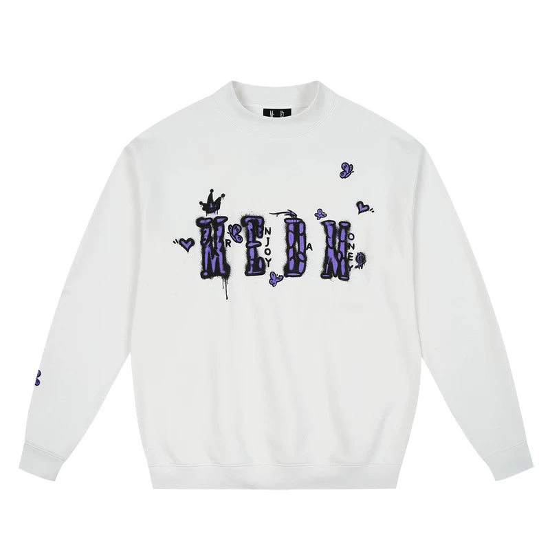 MEDM Graffiti Printed Logo Casual Round Neck Hoodie Autumn/Winter American Street Color Contrast Plus Velvet Couple Top