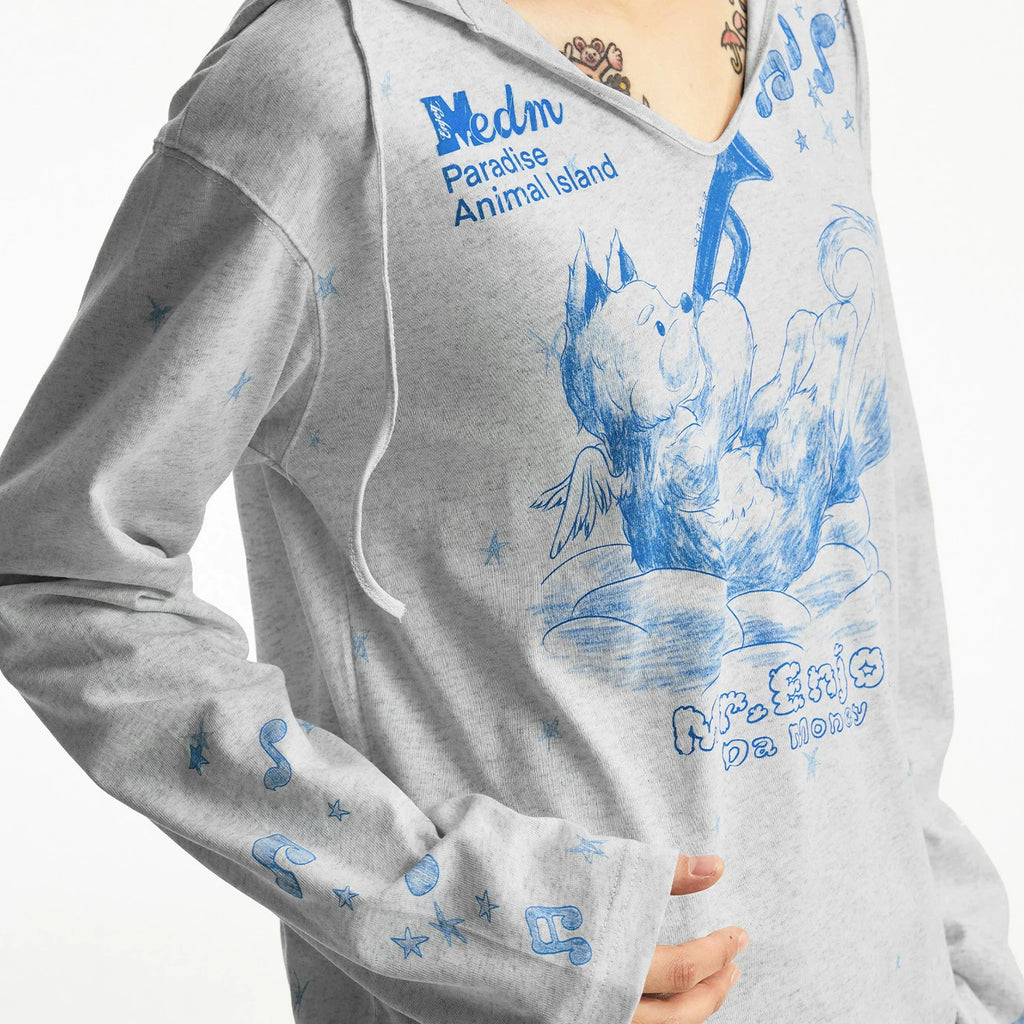 MEDM playing instrument angel dog pattern printed lightweight casual hooded T-shirt cute style top for women