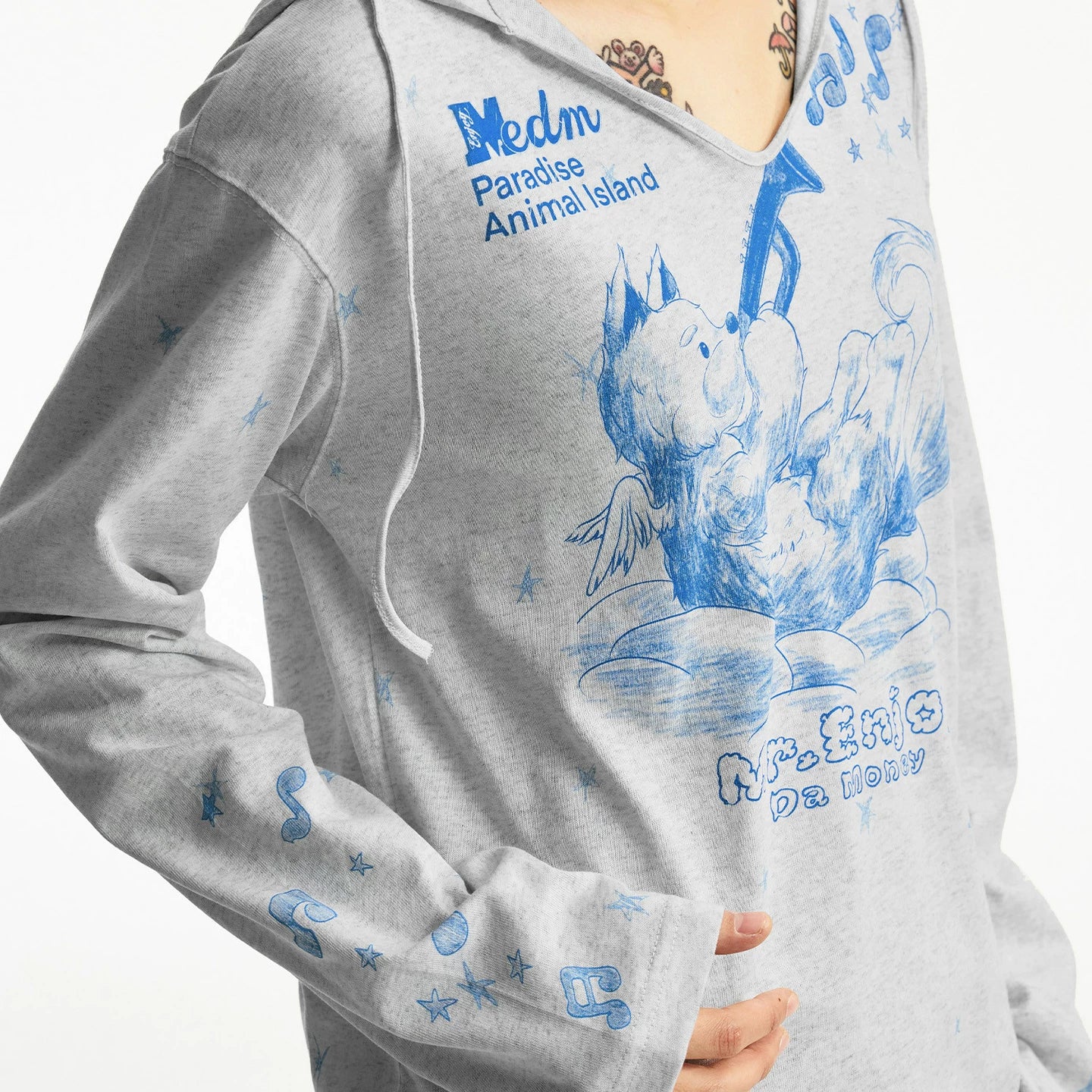 MEDM playing instrument angel dog pattern printed lightweight casual hooded T-shirt cute style top for women