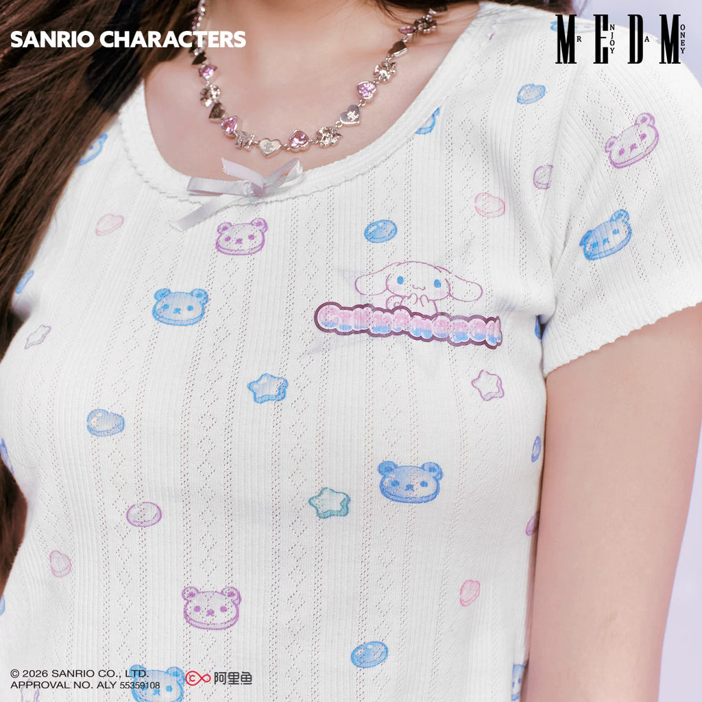 MEDM × Sanrio Family Series Small Fragrant Style Candy Printed Knitted Short Sleeve Cute Sweet Girl Casual T-shirt for Women