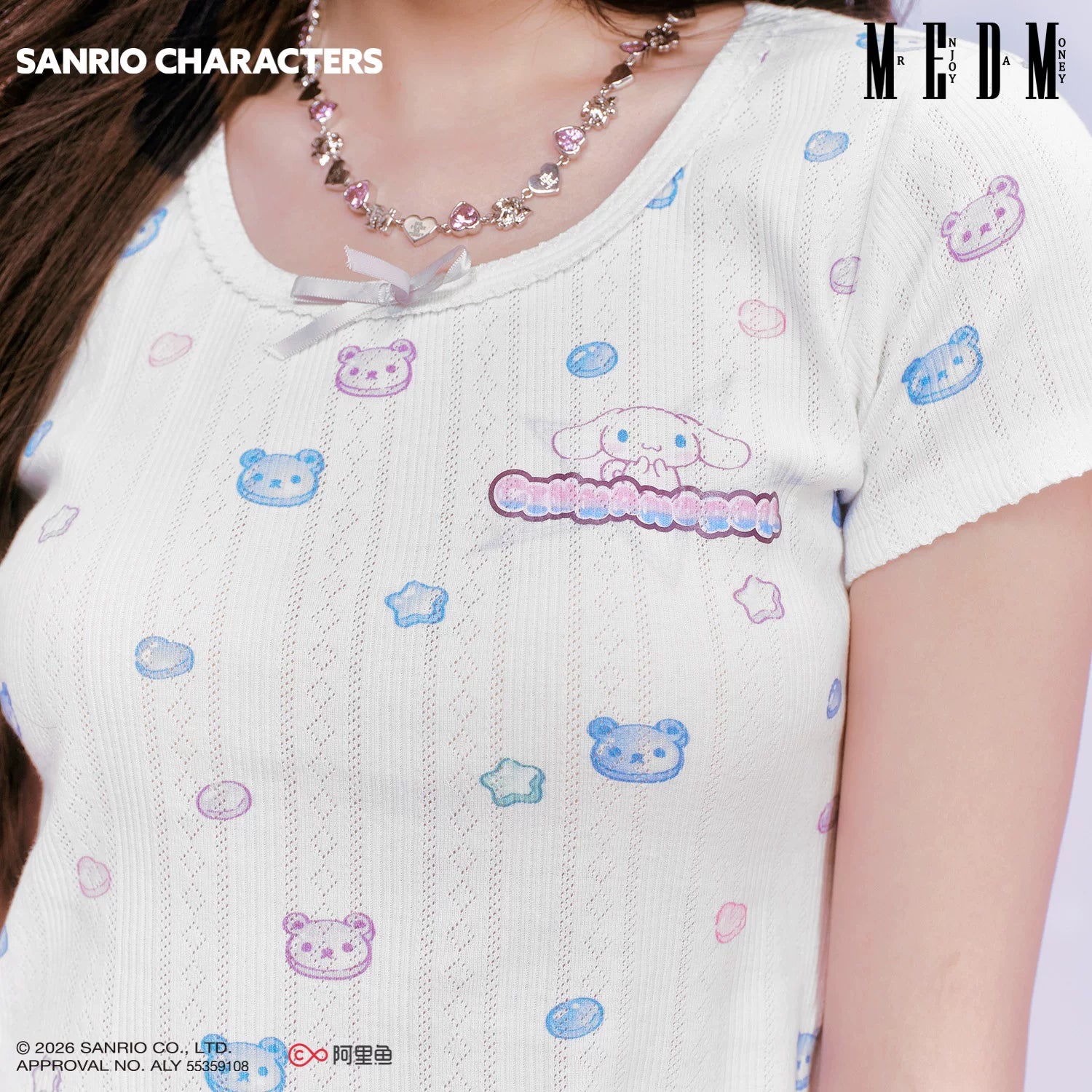 MEDM × Sanrio Family Series Small Fragrant Style Candy Printed Knitted Short Sleeve Cute Sweet Girl Casual T-shirt for Women