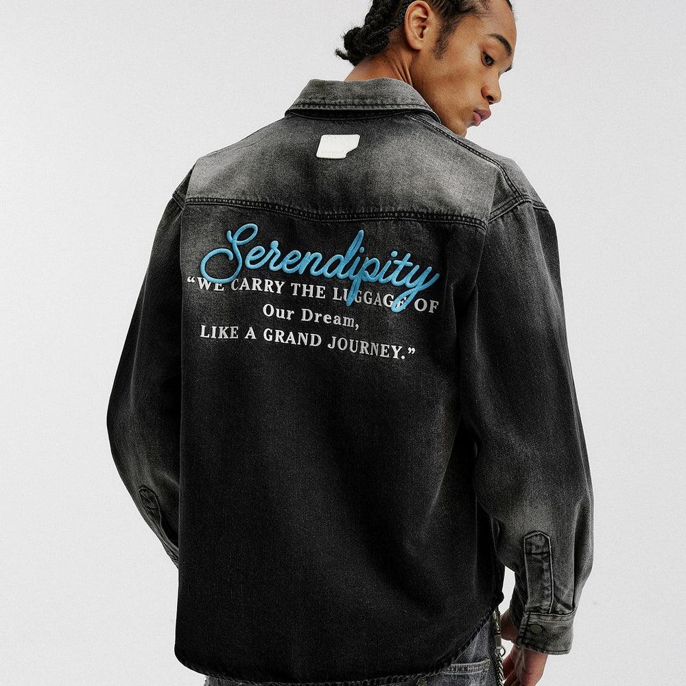 MEDM classic basic letter embroidery casual lapel washed denim jacket trendy retro handsome jacket for men