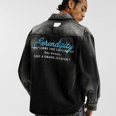 MEDM classic basic letter embroidery casual lapel washed denim jacket trendy retro handsome jacket for men