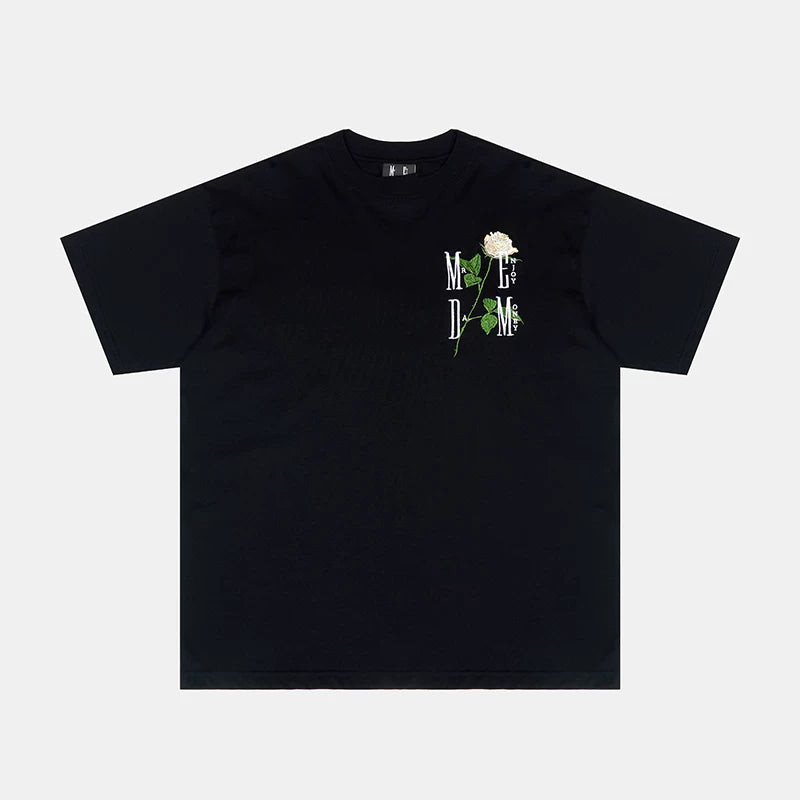 Hou Minghao's Rose 3D Embroidered Short Sleeve T-shirt MEDM American Street Loose Edition Cotton Short Sleeve