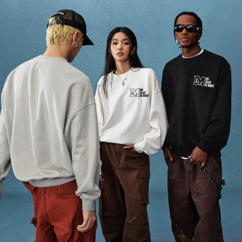 MEDM25SS embroidered suede hoodie men's spring and autumn trendy brand American casual simple round neck pullover top