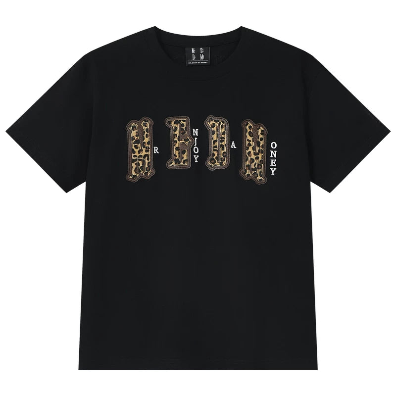 MEDM double-layer leather leopard print patch logo, four character casual round neck short sleeved shirt on the chest, summer new loose couple T-shirt