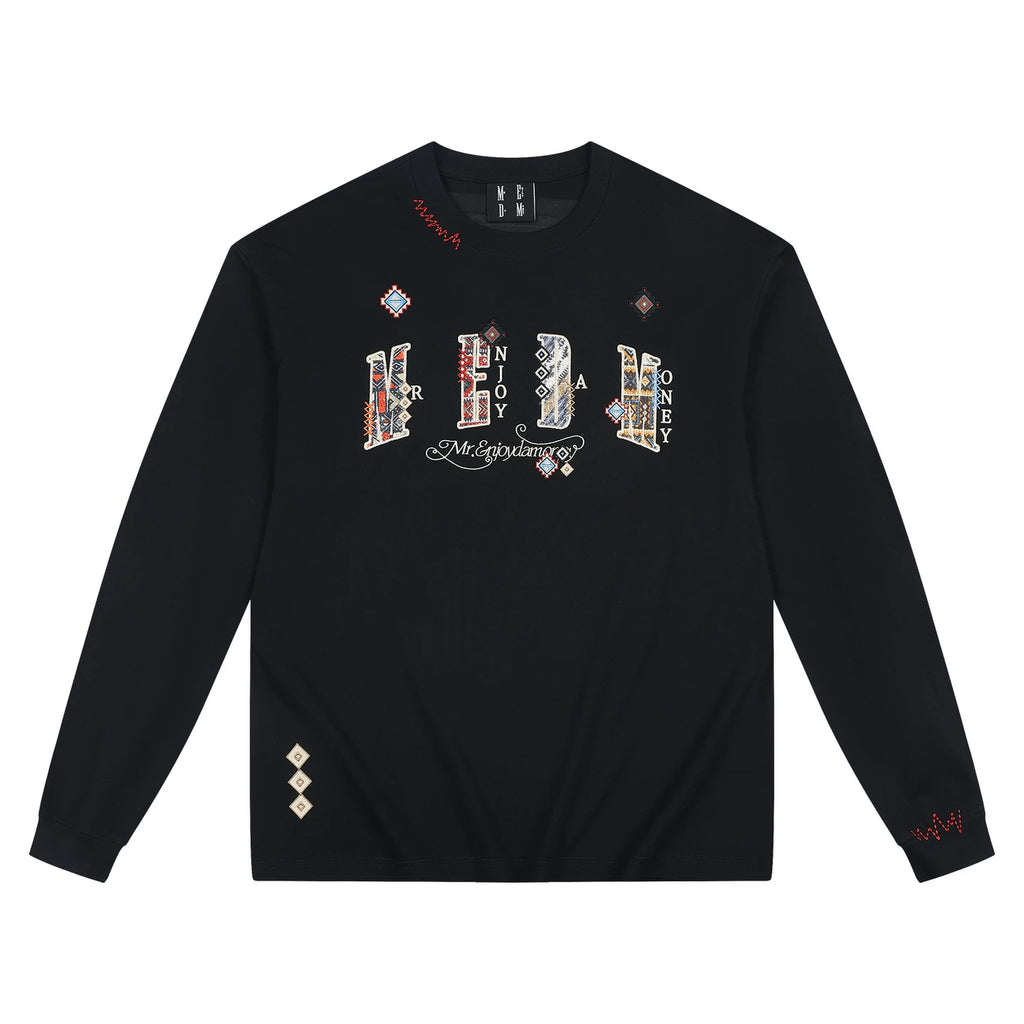 MEDM2025 new product ethnic style small fragrance patch fabric casual long sleeved T-shirt pure cotton round neck couple base shirt top