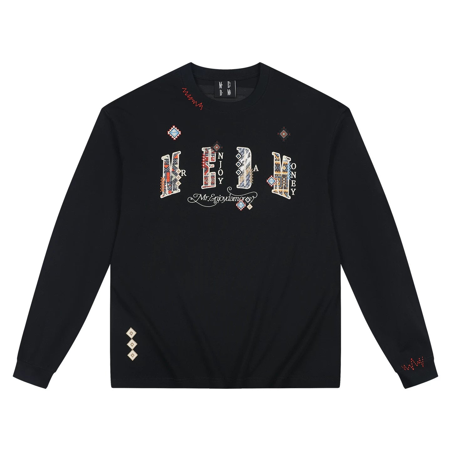 MEDM2025 new product ethnic style small fragrance patch fabric casual long sleeved T-shirt pure cotton round neck couple base shirt top