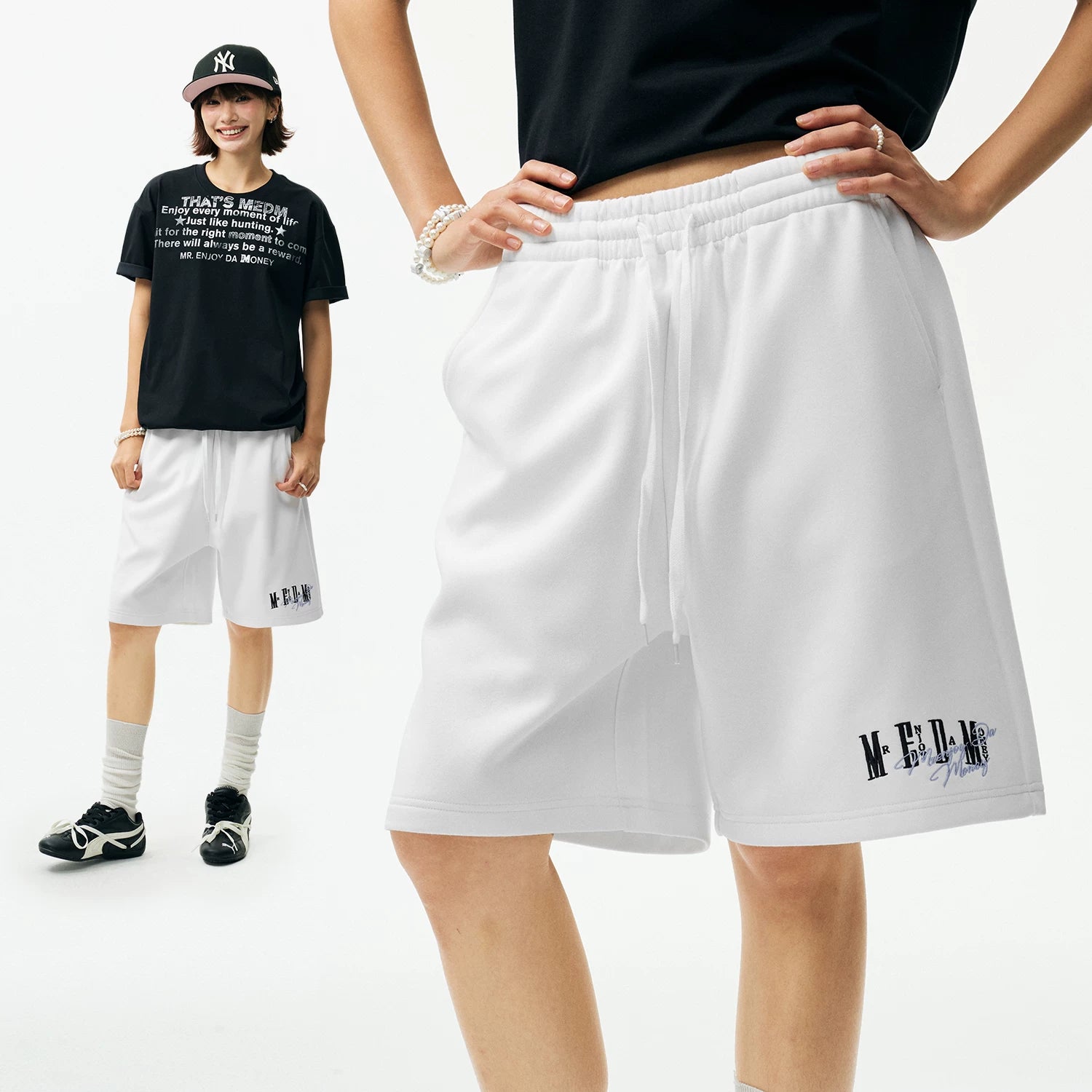 MEDM Color Basic Versatile Logo Embroidered Loose Shorts Trendy Men's and Women's Simple Drawstring Casual Pants Summer