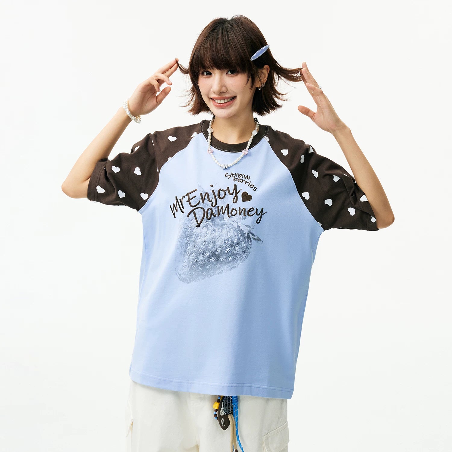 MEDM vintage washed strawberry printed raglan sleeves with heart-shaped polka dot short sleeves, trendy street girl style casual T-shirt