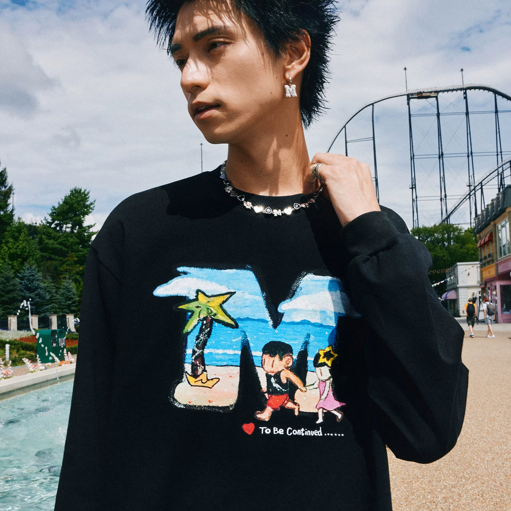 MEDM x NEWMASUS collaboration seaside coconut tree print casual round neck long sleeved T-shirt trendy couple top