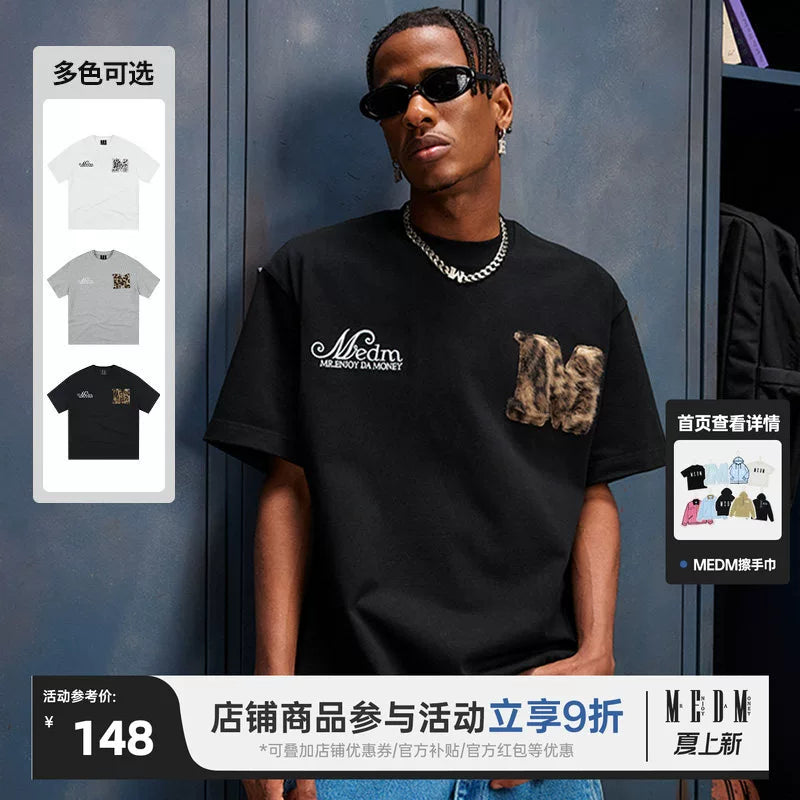 MEDM26SS leopard print fur short sleeved T-shirt for both men and women, summer American hip-hop T-shirt, casual top, trendy