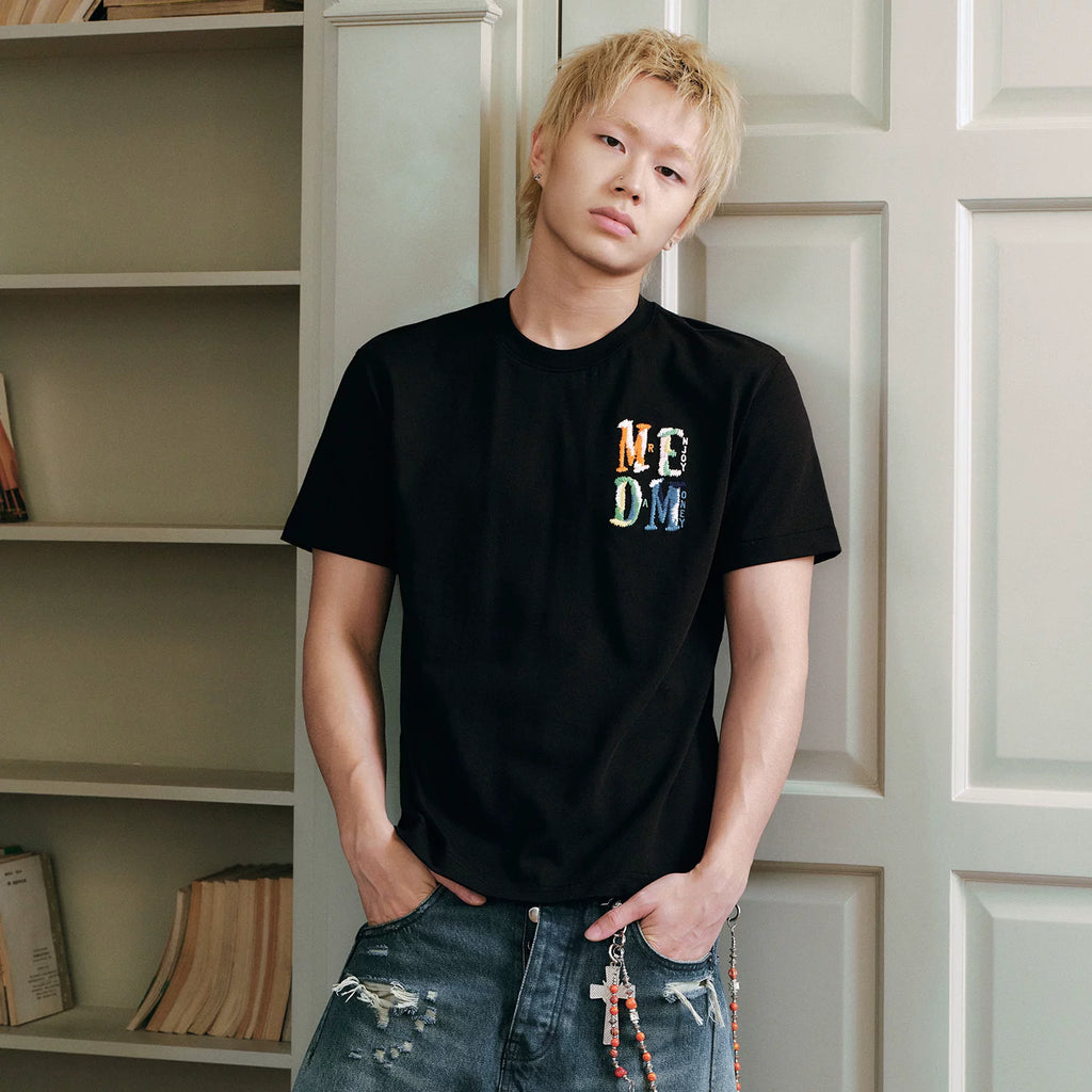 MEDM Woolen Embroidered Logo Casual Round Neck T-shirt American Street Loose Shoulder Men's and Women's Short Sleeves Summer