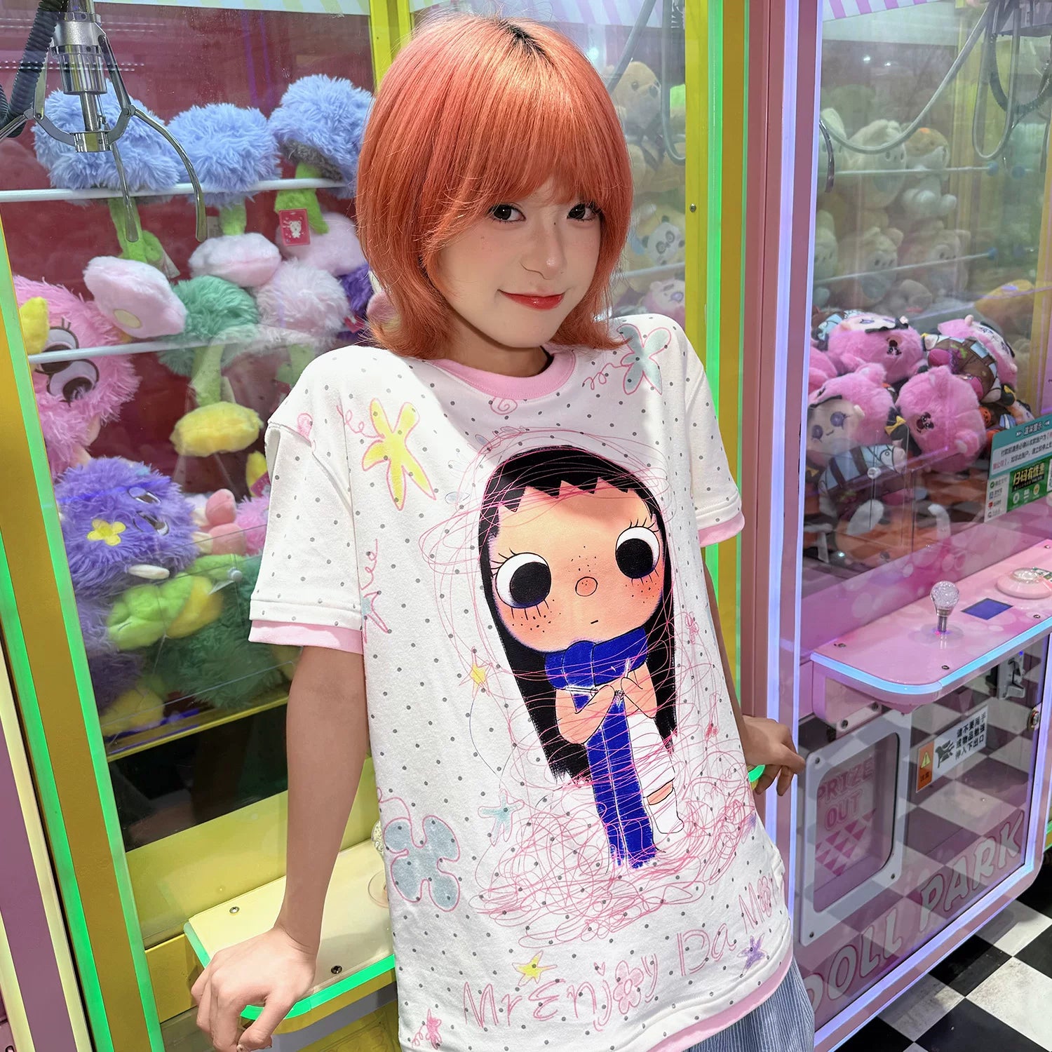 MEDM × YUY Jade Collaboration - Knitted cuffs, collar, contrasting color splicing, casual round neck short sleeved cute style T-shirt for women