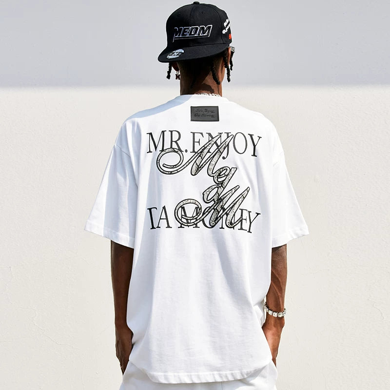 MEDM trendy leopard print snake print patchwork embroidery American hip-hop short sleeved T-shirt for men's summer loose half sleeved base shirt