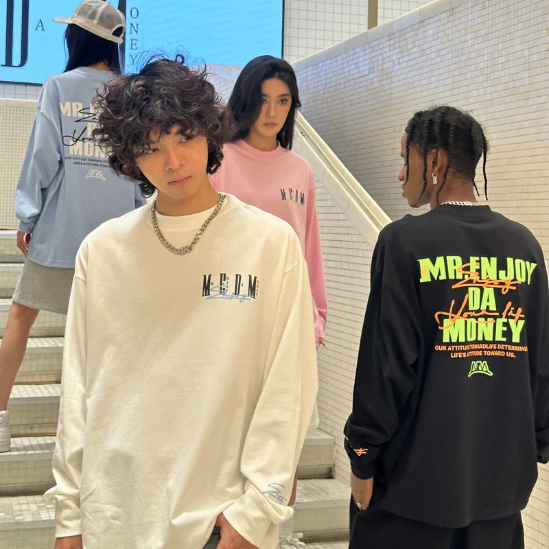 MEDM Trendy Brand Basic Printed Long Sleeve T-shirt for Men and Women, Spring and Autumn American High Street Retro Casual T-shirt