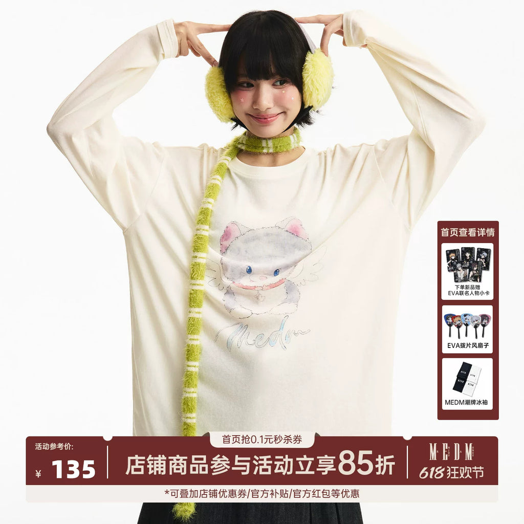 MEDM Angel Cat Pattern Printed Casual Round Neck Long Sleeve T-shirt Women's Versatile Cute Style Loose Top Summer