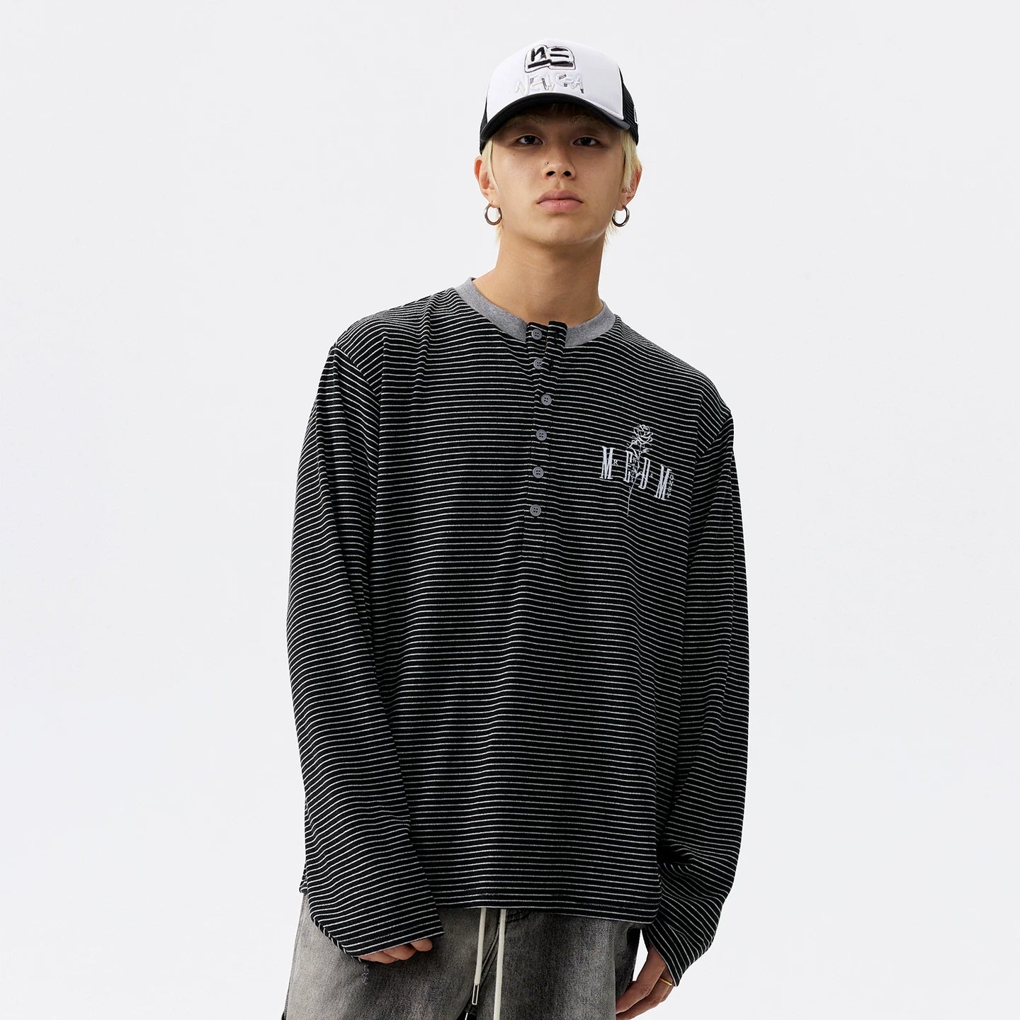 MEDM letter embroidery Henry collar striped casual long sleeved T-shirt for spring and autumn American versatile loose fitting men and women's top t