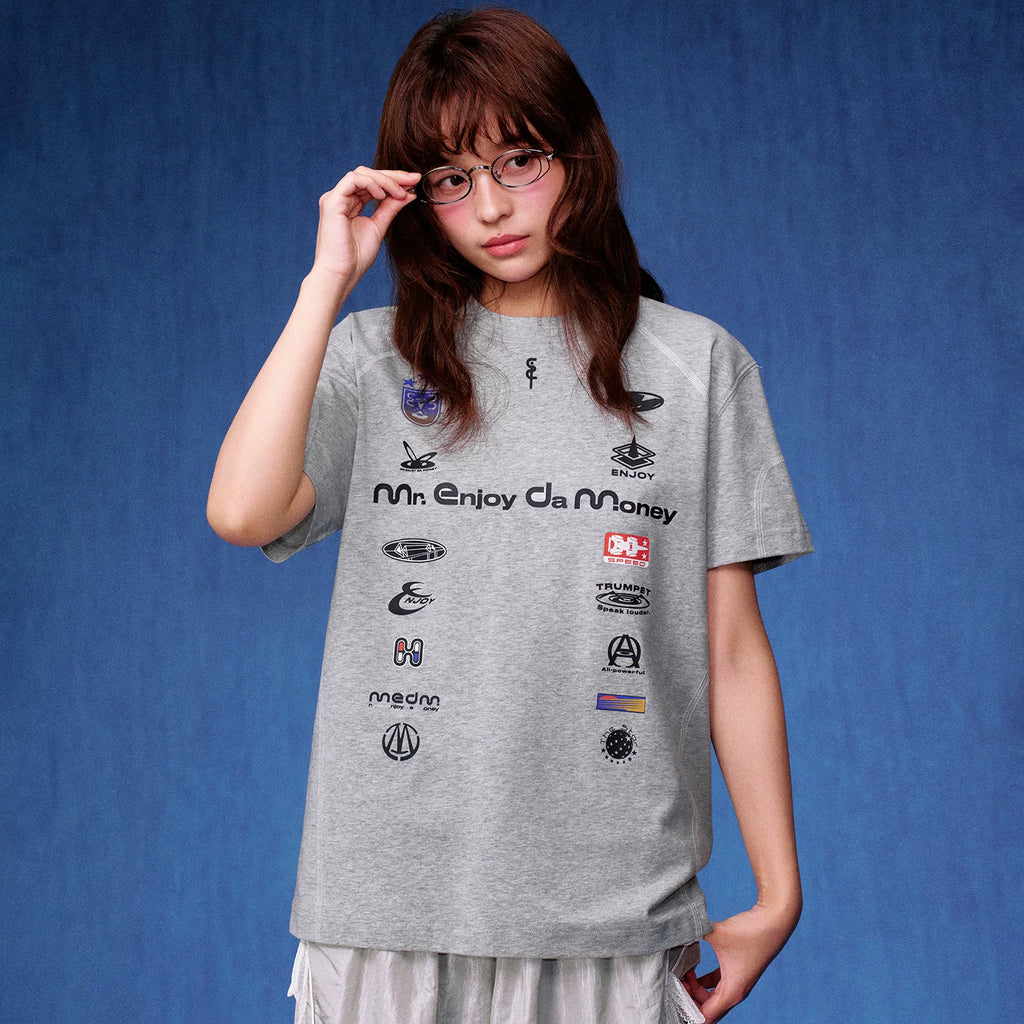 MEDM brand logo layout, stitching, personality, sports and leisure, round neck short sleeved, American trend, raglan sleeve T-shirt, summer