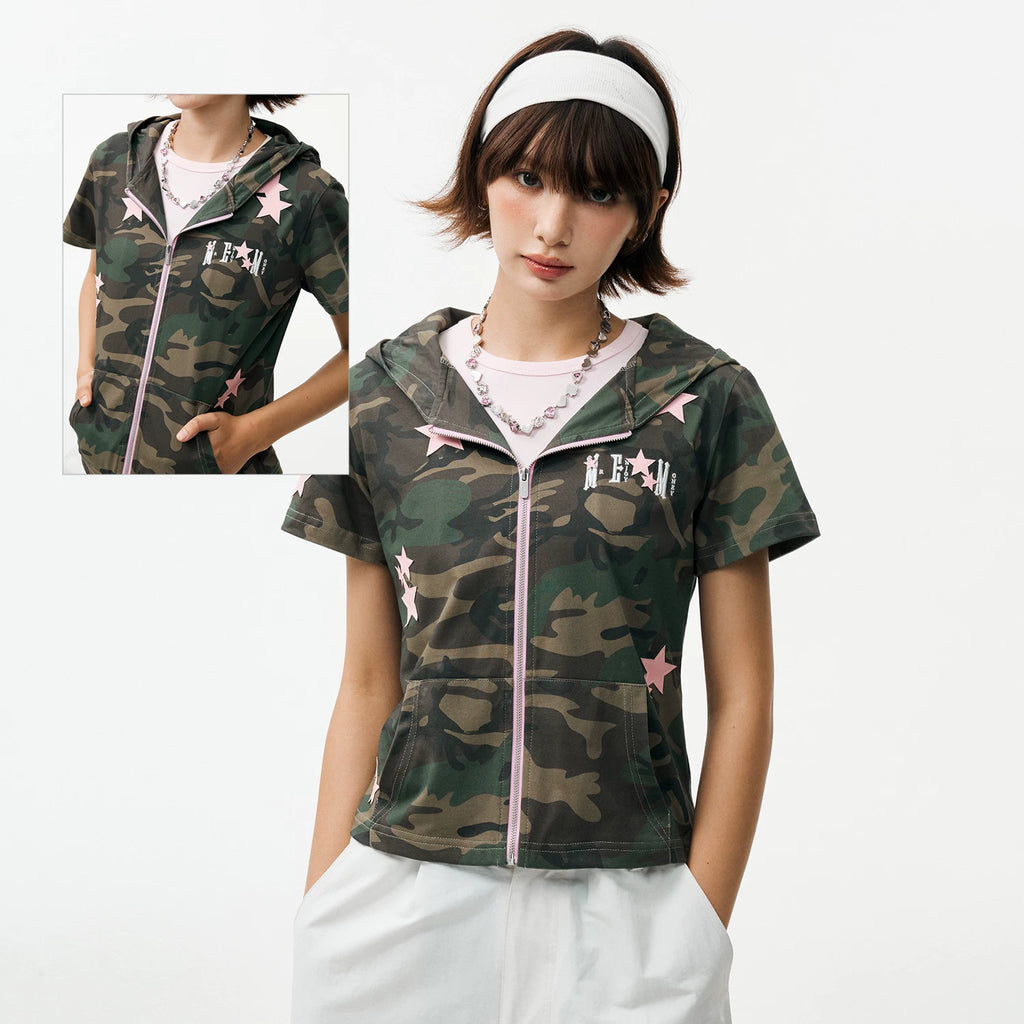 MEDM camouflage star sticker casual short sleeved hoodie cute style zipper slim fit cardigan hooded T-shirt for women