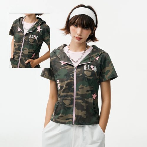 MEDM camouflage star sticker casual short sleeved hoodie cute style zipper slim fit cardigan hooded T-shirt for women