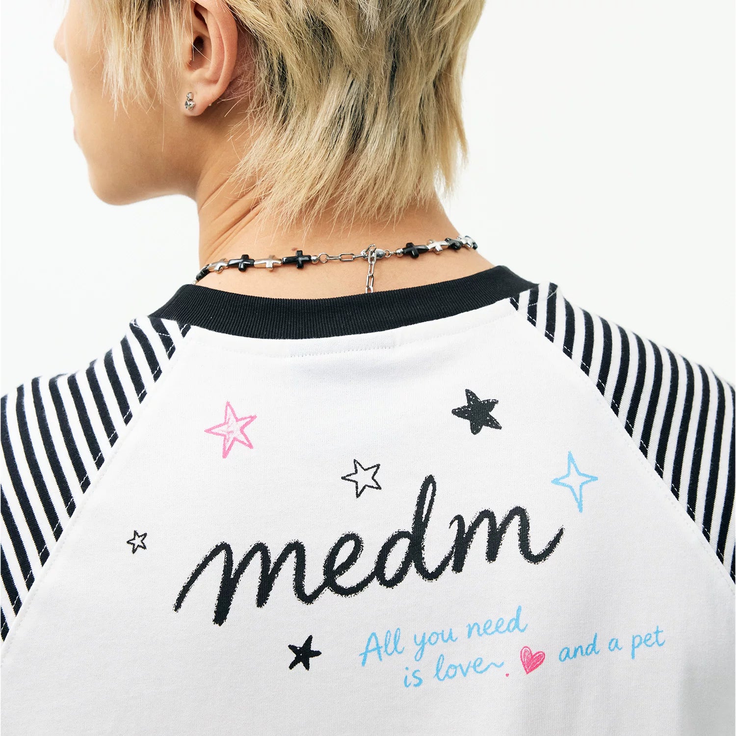 MEDM striped patchwork cute graffiti animal keychain loose round neck T-shirt retro breathable casual short sleeved summer