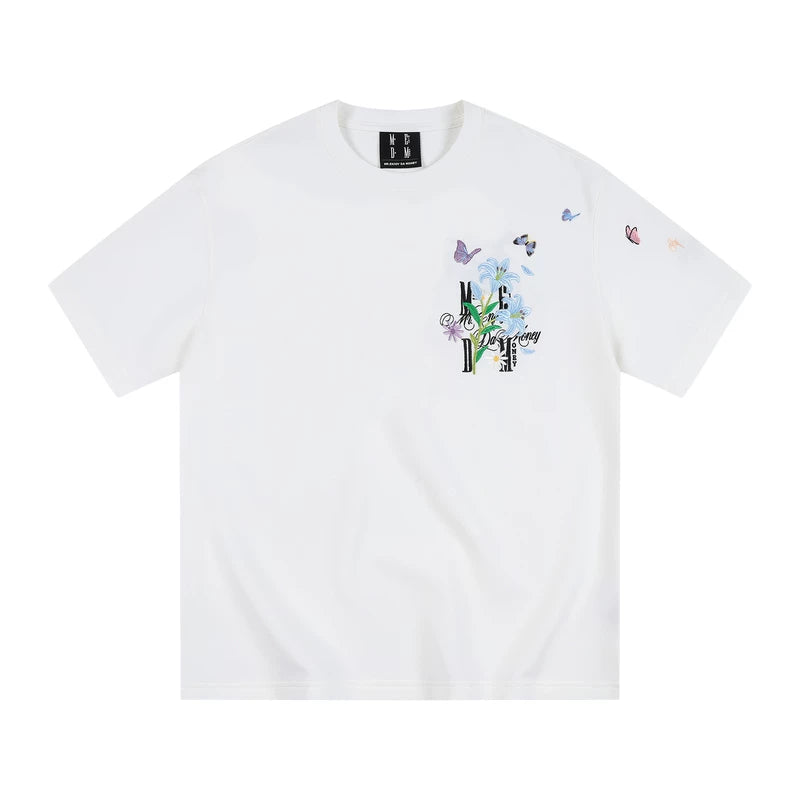 MEDM butterfly wrapped magnolia flower three-dimensional embroidery casual round neck short sleeved trendy simple loose couple T-shirt summer
